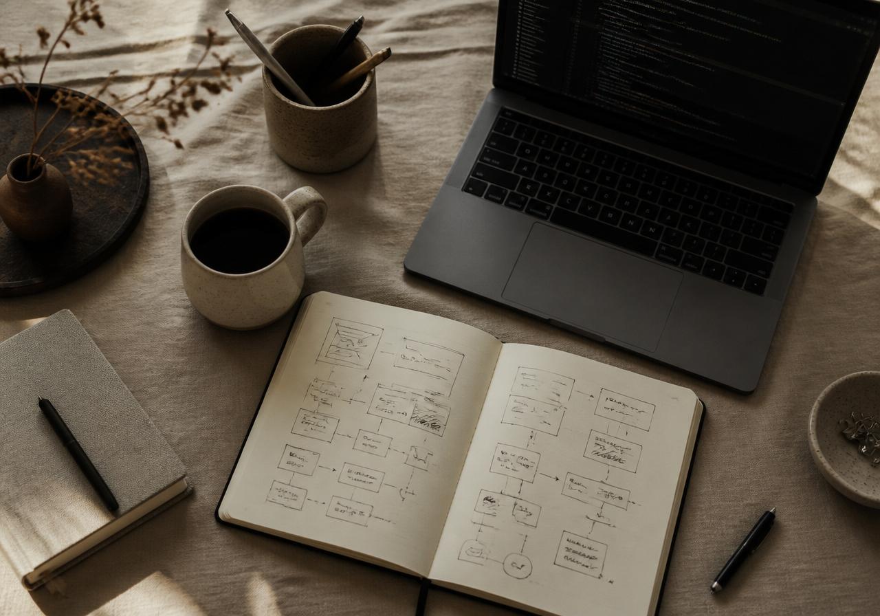 A working notebook, laptop and coffee cup on a linen desk